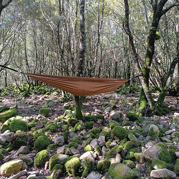 Amaca color marrone appesa tra due alberi in folto bosco in Sardegna